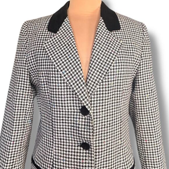Vintage 90s Tailored Black White Houndstooth Blazer Jacket Velvet Collar Wool - Picture 2 of 11
